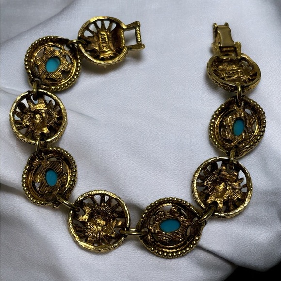 ART Arthur Pepper Antique Gold Tone Blue Cab. & Crystal Bracelet 7” - Picture 9 of 9